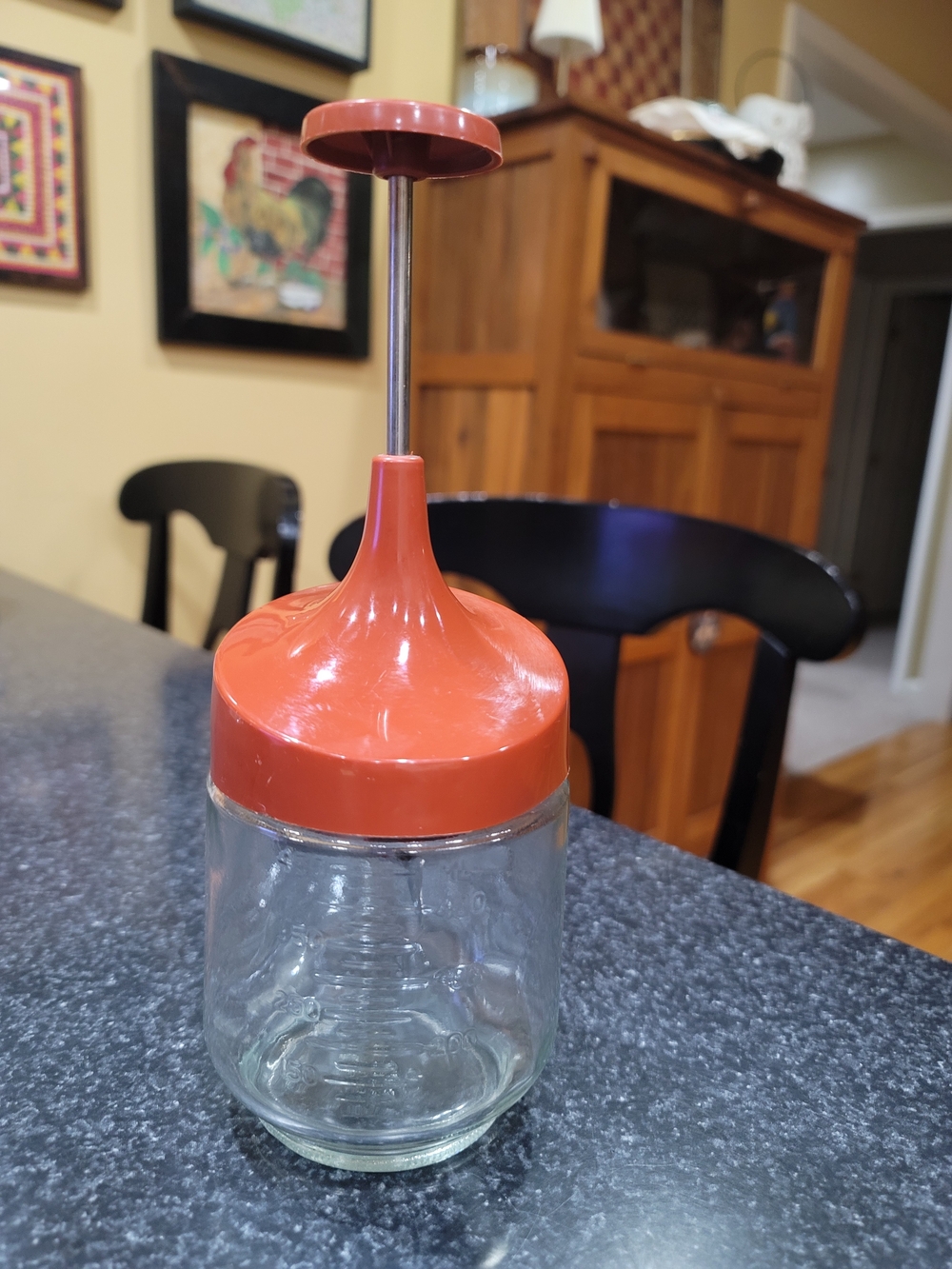 Vintage Gemco Manual Push Food Chopper w/ 400 ml Glass Jar, Orange Lid, Clear